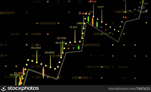 Close up of financial business chart with diagrams and stock numbers showing uptrend and downtrend .