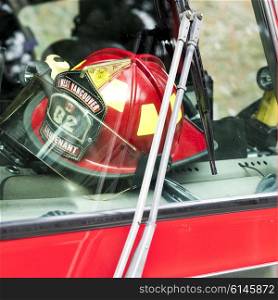 Close-up of fireman&rsquo;s helmet in firetruck, Horseshoe Bay, West Vancouver, British Columbia, Canada