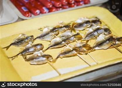 Close-up of fish on skewers, Nanjing, Jiangsu Province, China
