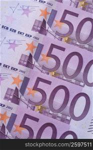 Close-up of five hundred Euro banknotes