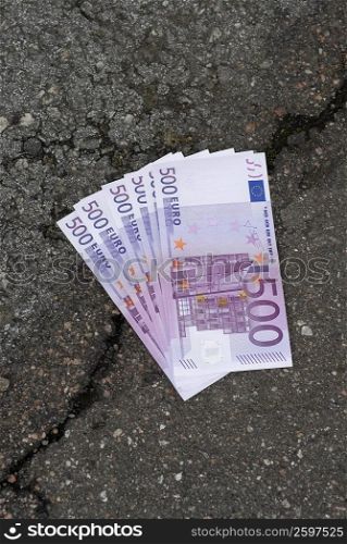 Close-up of five hundred Euro banknotes on the road