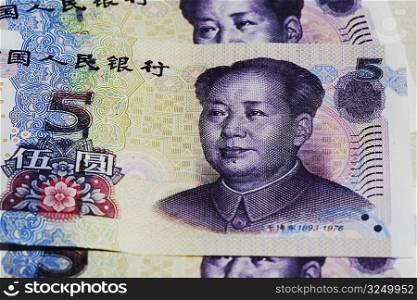 Close-up of five Yuan notes