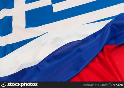 Close up of flags of Russia and Greece