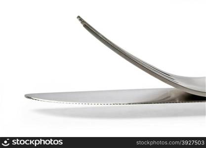 Close-up of fork and knife on white background with clipping path