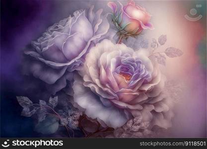 Close up of fresh flower spectrum detailed art of rose collection. Created by technical shading pastel colorful tone with slight softness blossom. Finest generative AI.. Close up of fresh flower spectrum detailed art of rose collection.