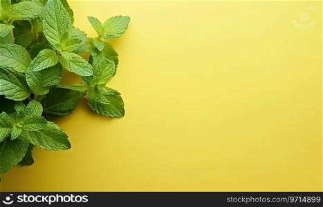 Close-up of fresh mint leaves on a pastel yellow background. AI Generative. Close-up of fresh mint leaves. AI Generative