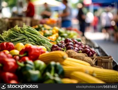 Close up of fresh raw ripe vegetables and fruits on farmers market in summer sunny day.AI Generative