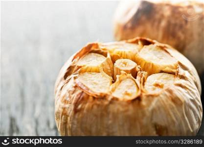 Close up of fresh roasted garlic bulbs