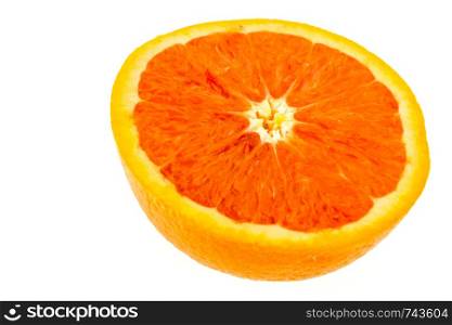 Close up of fresh sunkist orange cut half isolated on white background