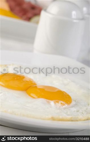 Close-up of fried eggs in a plate