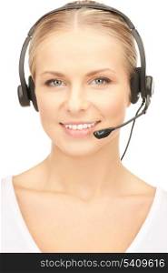 close up of friendly female helpline operator with headphones