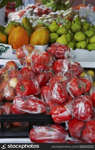 Close-up of fruits and vegetables at a market stall