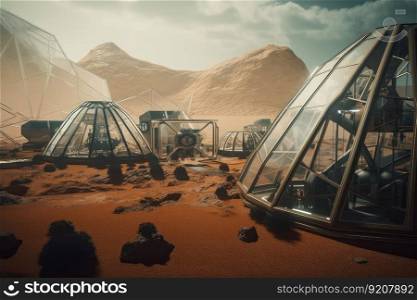 close-up of futuristic colony on mars with glass and metal structures visible, created with generative ai. close-up of futuristic colony on mars with glass and metal structures visible