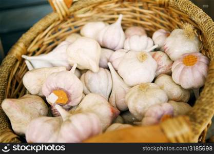 Close-up of garlic in a basket, San Diego, California, USA