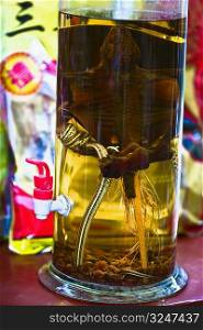 Close-up of ginseng in a bottle, Tai&acute;an, Shandong Province, China