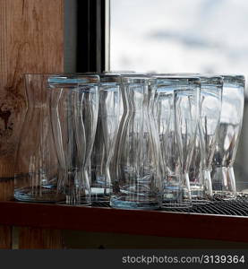 Close-up of glasses on a shelf, Whistler, British Columbia, Canada
