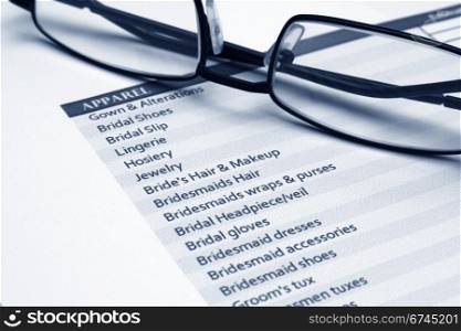 Close up of glasses on wedding list