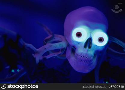 Close-up of glowing eyes in a human skull