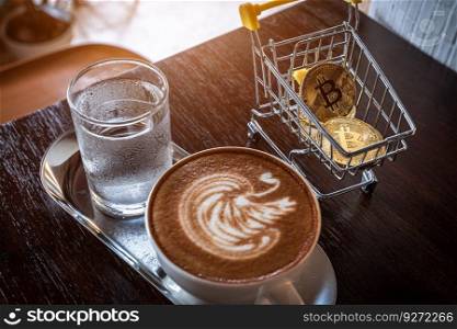 Close-up of Golden bitcoins or cryptocurrency coin or symbols in shopping cart and Hot coffee latte with latte art milk foam in a swan shape in cup mug on table. Future currency concept.