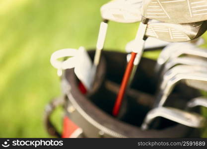 Close-up of golf clubs in a golf bag