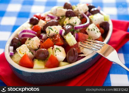 Close up of greek salad with feta cheese olives tomatoes cucumber and onions over a checkered tablecloth. Close up of greek salad with feta cheese olives tomatoes cucumber and onions