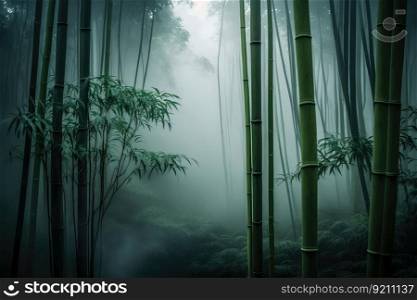 close-up of green bamboo forest with misty clouds in the background, created with generative ai. close-up of green bamboo forest with misty clouds in the background