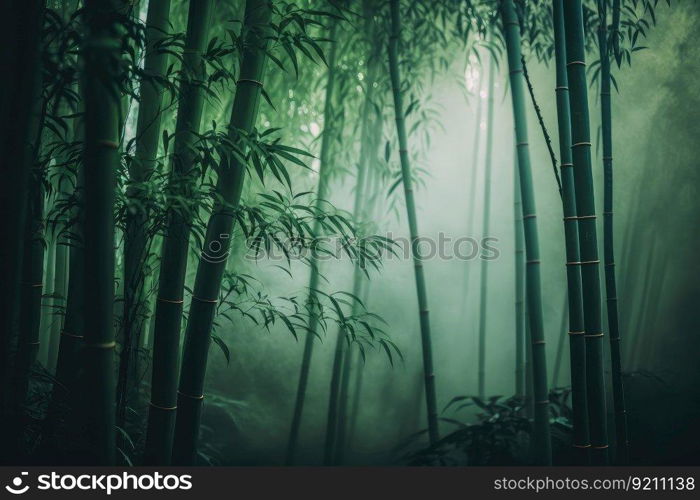 close-up of green bamboo forest with misty clouds in the background, created with generative ai. close-up of green bamboo forest with misty clouds in the background