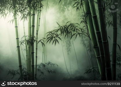 close-up of green bamboo forest with misty clouds in the background, created with generative ai. close-up of green bamboo forest with misty clouds in the background
