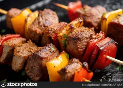 close-up of grilled beef shishkabob, with spices and seasonings visible, created with generative ai. close-up of grilled beef shishkabob, with spices and seasonings visible