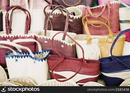 Close-up of hand bags at a market stall