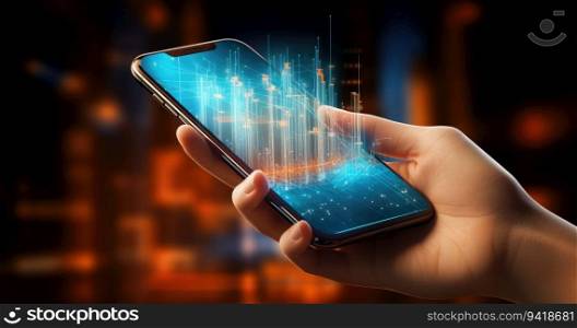 Close up of hand holding smartphone with glowing business chart concept on screen
