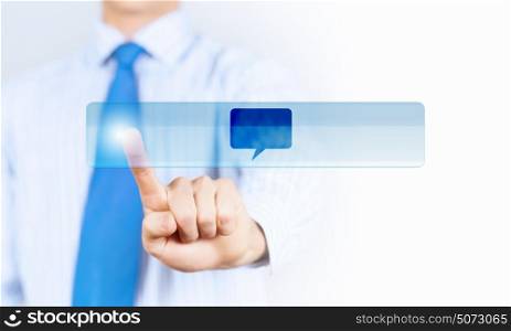 Close up of hand pressing e-mail sign with finger. Mail icon