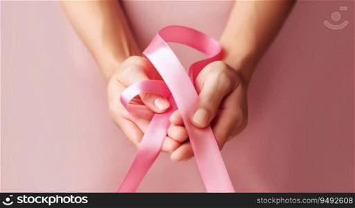 Close up of hands and pink cancer awareness ribbon
