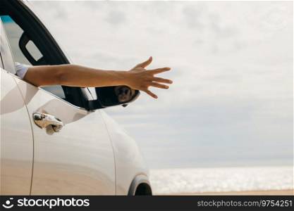 Close up of hands. Happy family sitting in the car waving hands travel outside car windows going to beach for travel, People having fun outdoors on road trip, vacation holiday