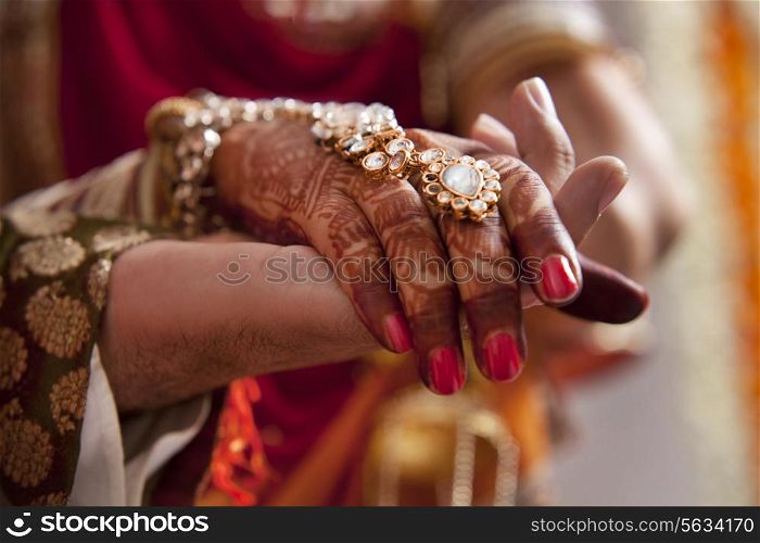 Close-up of hands of groom and bride