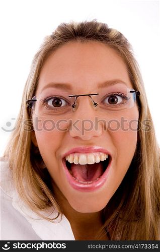 close up of happy businesswoman against white background