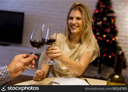 Close up of happy couple having Christmas dinner, drinking red wine and clinking glasses, Focus on glasses