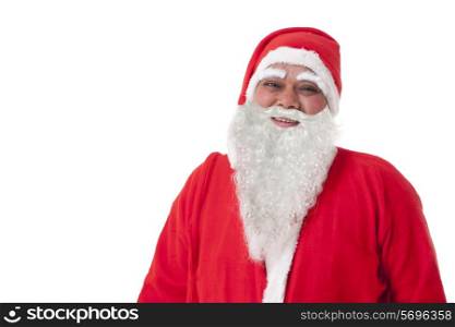 Close-up of happy Santa Claus against white background
