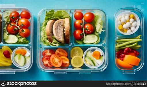 Close-up of healthy fresh fruit and vegetables in containers for fitness nutrition
