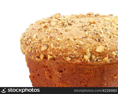 Close-up of homemade cake with nuts isolated on white background. Close-up of homemade cake with nuts