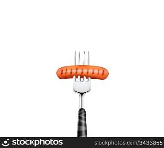 close up of hotdog pierced by fork, isolated on white background