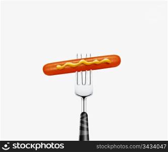 close up of hotdog pierced by fork, isolated on white background
