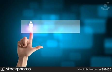 Close up of human hand touching media screen icon. Media interface