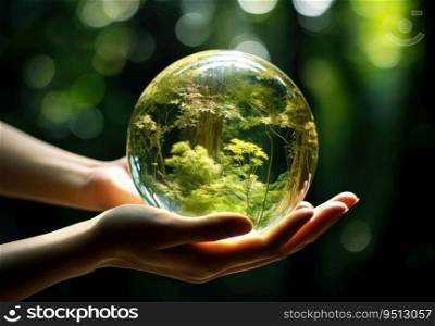 Close up of human hands holding glass globe with green forest in it