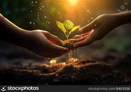 Close up of human hands holding young plant with water drops on it