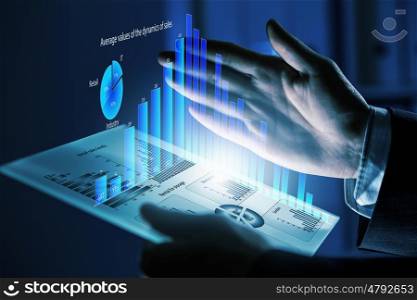 Close up of human hands using virtual panel. Virtual panel