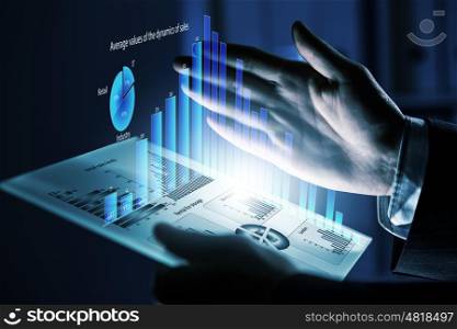 Close up of human hands using virtual panel. Virtual panel