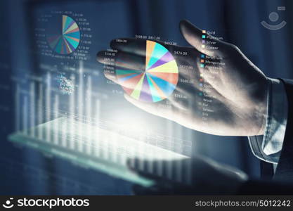 Close up of human hands using virtual panel. Virtual panel