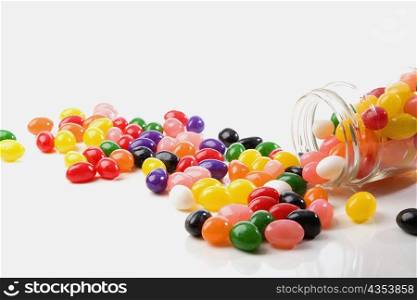 Close-up of jellybeans spilt out of a jar