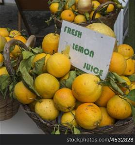 Close-up of lemons for sale at a market stall, Amalfi, Amalfi Coast, Salerno, Campania, Italy